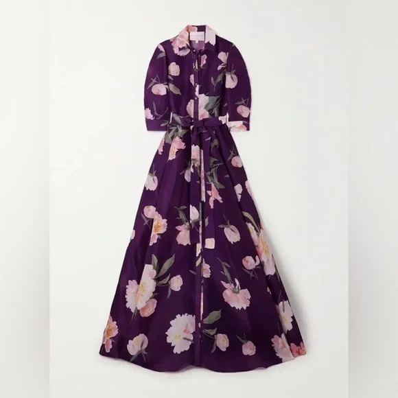 CAROLINA HERRERA Trench Gown in Fig Multi Purple Floral Belted Dress Size 8 NWT - Picture 5 of 13